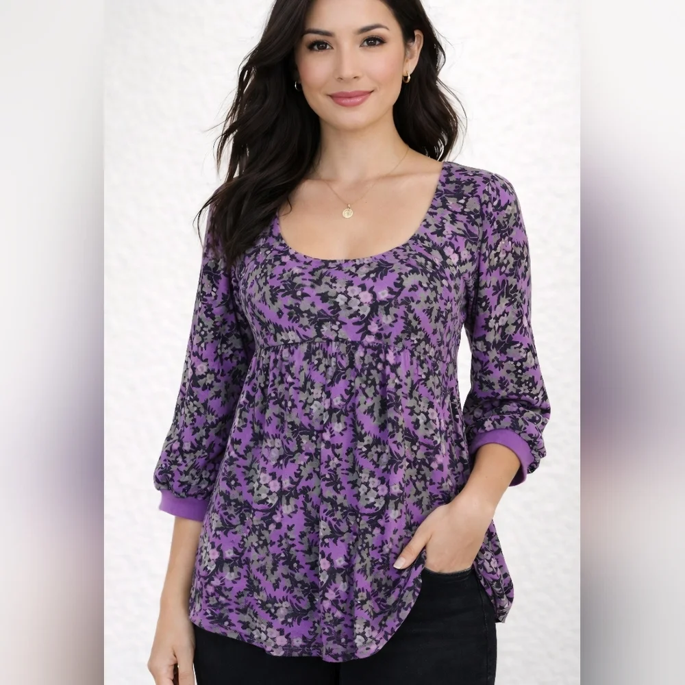 Free People Size Small Bohemian Purple Black Floral Scoopneck Babydoll Blouse